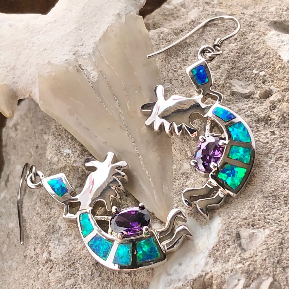 Inlaid Opal Amethyst Silver Kokopelli Earrings